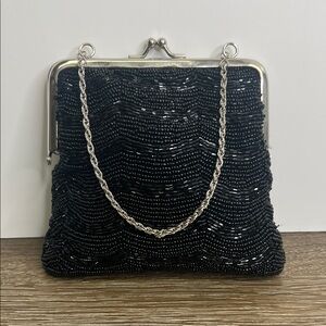 La Regale Black Beaded Vintage Evening Bag | Silver Frame Chain Clutch